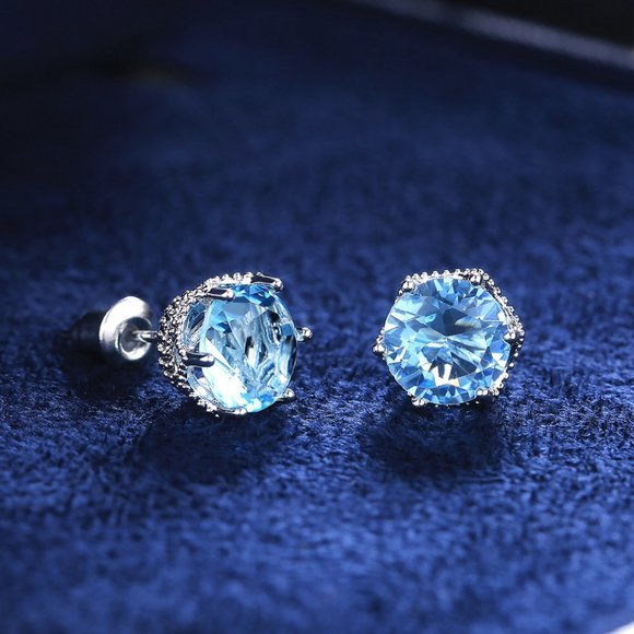 NEW 4CT Silver Round Aquamarine Stud Earrings - Picture 2 of 6